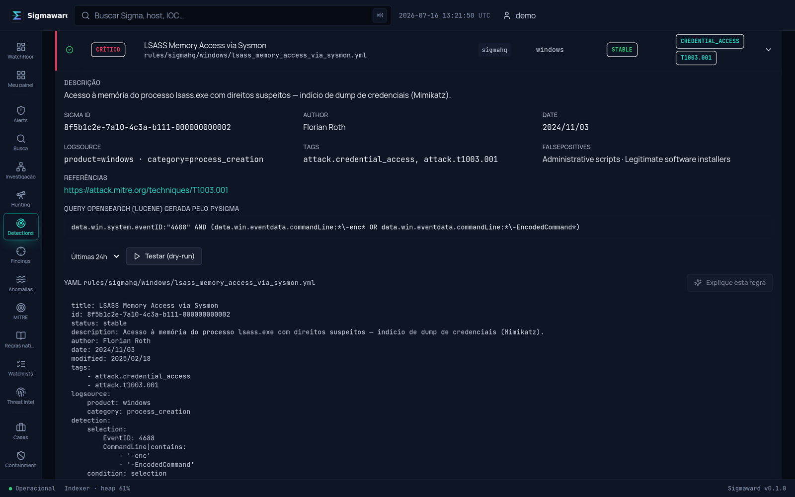 Sigmaward — detecção Sigma com query e YAML